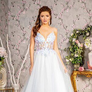 NEW A-LINE MESH DRESS WITH LACE UP BACK BUTTERFLY APPLQIUE AND BEADS GL3265